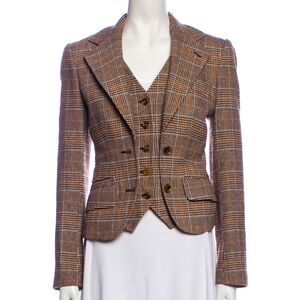 Dolce & Gabbana Virgin Wool Plaid Print Blazer with Attached Vest & Logo Buttons
